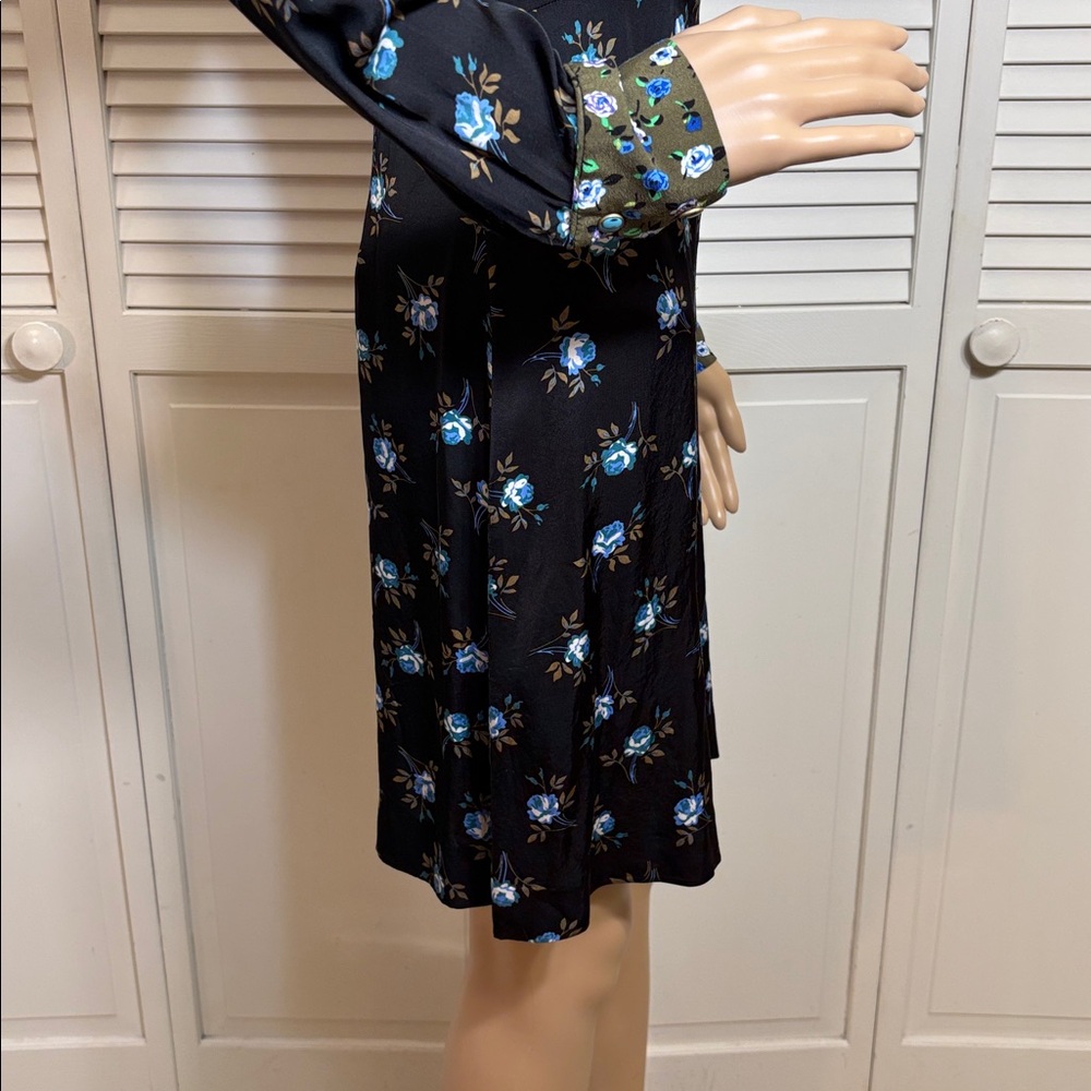 Sandro Black Long-Sleeves Floral Shirt Dress with Blue Rose Print Size 4 - Picture 9 of 16